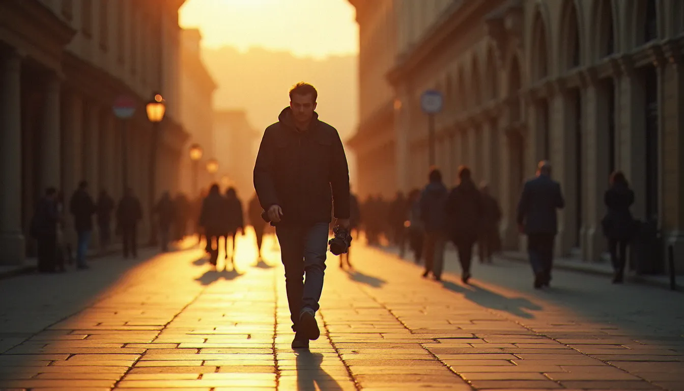 Photographe se promenant avec plaisir dans une vieille place au lever du soleil, appareil photo à la main, lumière dorée rasante, image avec plaisir et liberté créative