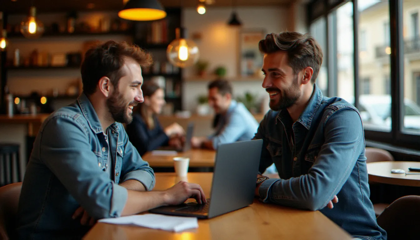 Photographe professionnel montrant ses photos à un client satisfait dans un café, illustrant l'expérience client qui génère des avis Google positifs