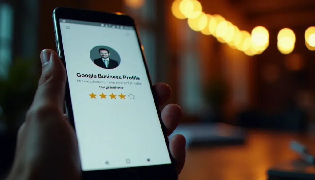 Écran de smartphone affichant une image avis Google 5 étoiles sur la fiche d'un photographe professionnel
