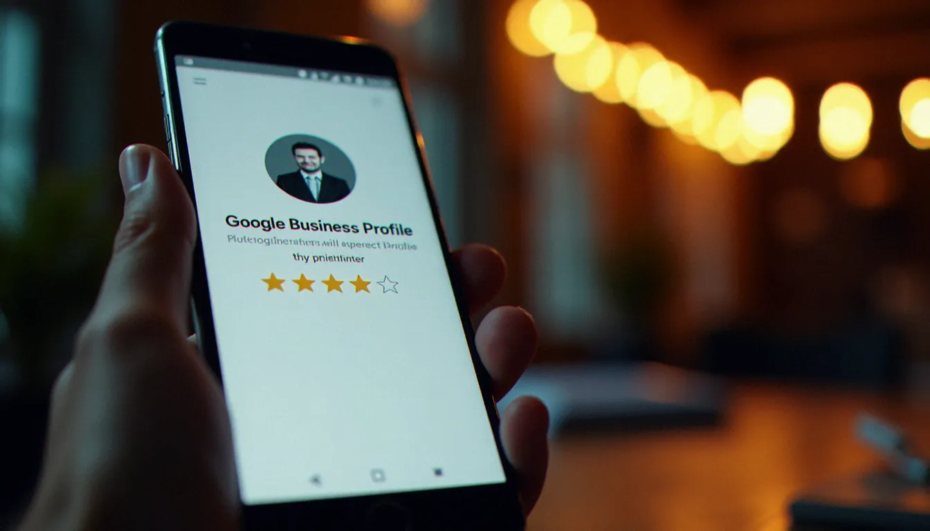 Écran de smartphone affichant une image avis Google 5 étoiles sur la fiche d'un photographe professionnel
