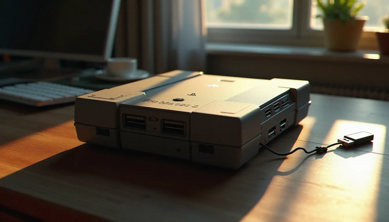 Console PlayStation 2 fat posée sur un bureau en bois à côté d'une clé USB, matériel nécessaire pour dumper une image BIOS PS2
