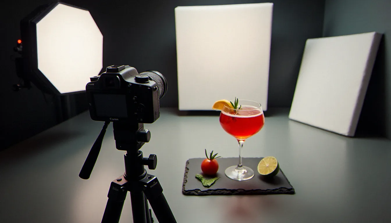 Mise en place d'un studio photo pour image recette cocktail avec appareil photo sur trépied, panneau LED latéral et réflecteur blanc autour d'un verre Negroni sur ardoise