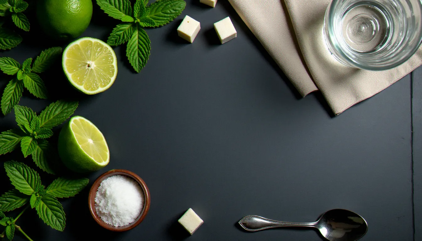 Composition vue de dessus d'accessoires de mise en scène pour photographie de cocktail : menthe fraîche, citrons verts, doseur en argent, cuillère de bar et verre cristal sur ardoise sombre
