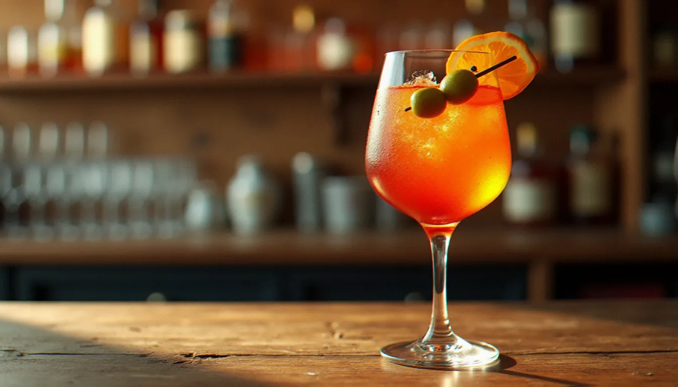 Image recette cocktail Aperol Spritz dans un grand verre ballon sur comptoir en bois, éclairage naturel latéral créant une transparence ambrée, garni d'une tranche d'orange