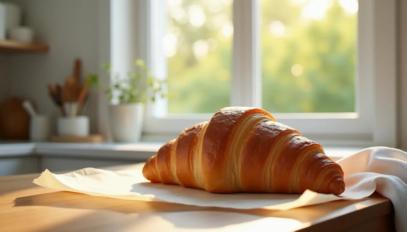 Lumière naturelle diffusée par une fenêtre de cuisine éclairant un croissant doré sur papier sulfurisé, illustration de la technique de lumière pour image recette pâtisserie
