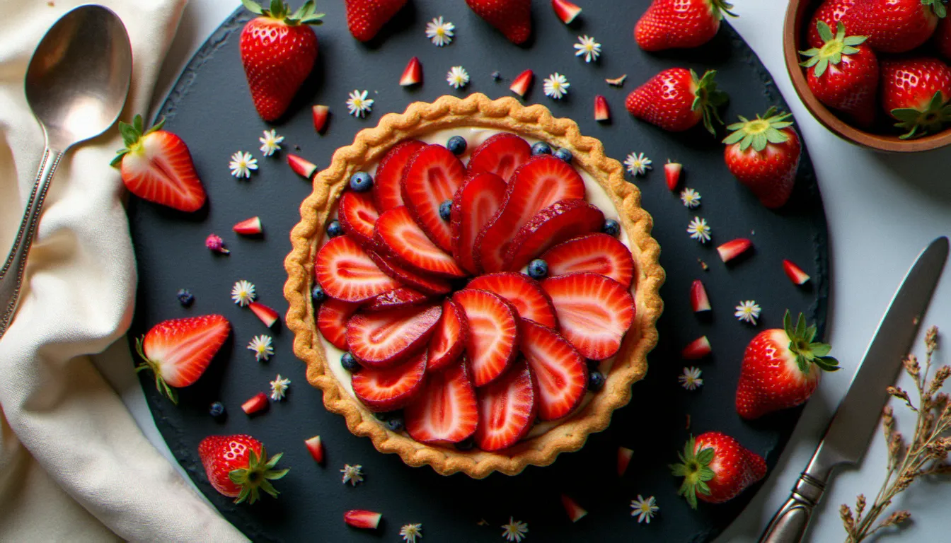 Vue en plongée d'une tarte aux fruits stylisée sur ardoise sombre avec accessoires vintage, exemple de mise en scène pour image recette pâtisserie