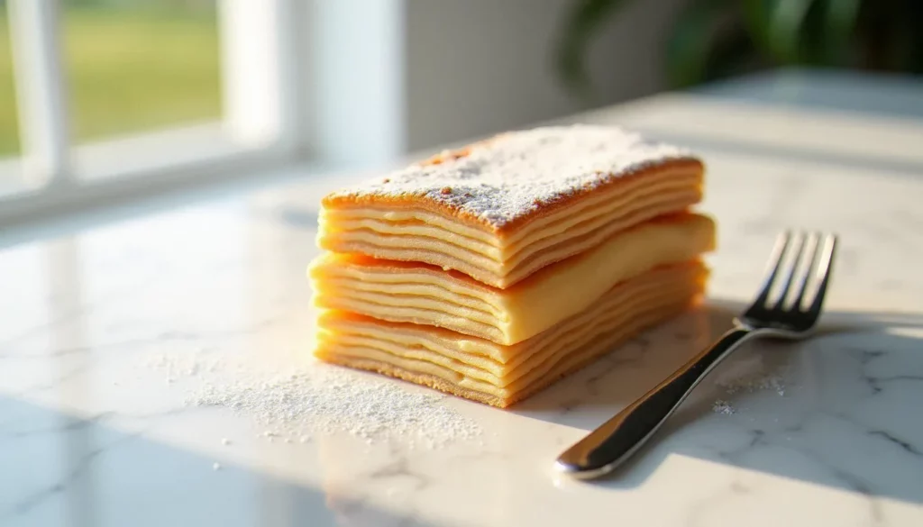 Image recette pâtisserie d'un mille-feuille feuilleté sur marbre blanc, éclairé en lumière naturelle latérale révélant les couches et le sucre glace