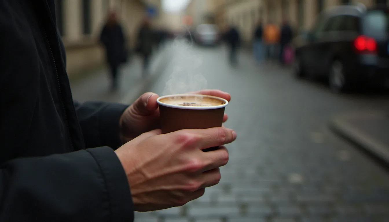 Gros plan sur des mains ridées tenant une tasse de café dans une rue pavée, vapeur visible, illustrant l'ancrage dans le détail pour déraciner dans l'émotion