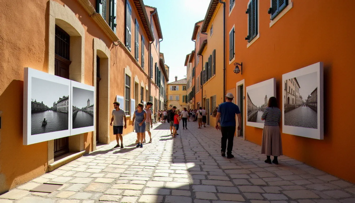 Expositions de photographie en plein air lors des Rencontres d'Arles, tirages grand format accrochés sur des murs en pierre dans une ruelle provençale