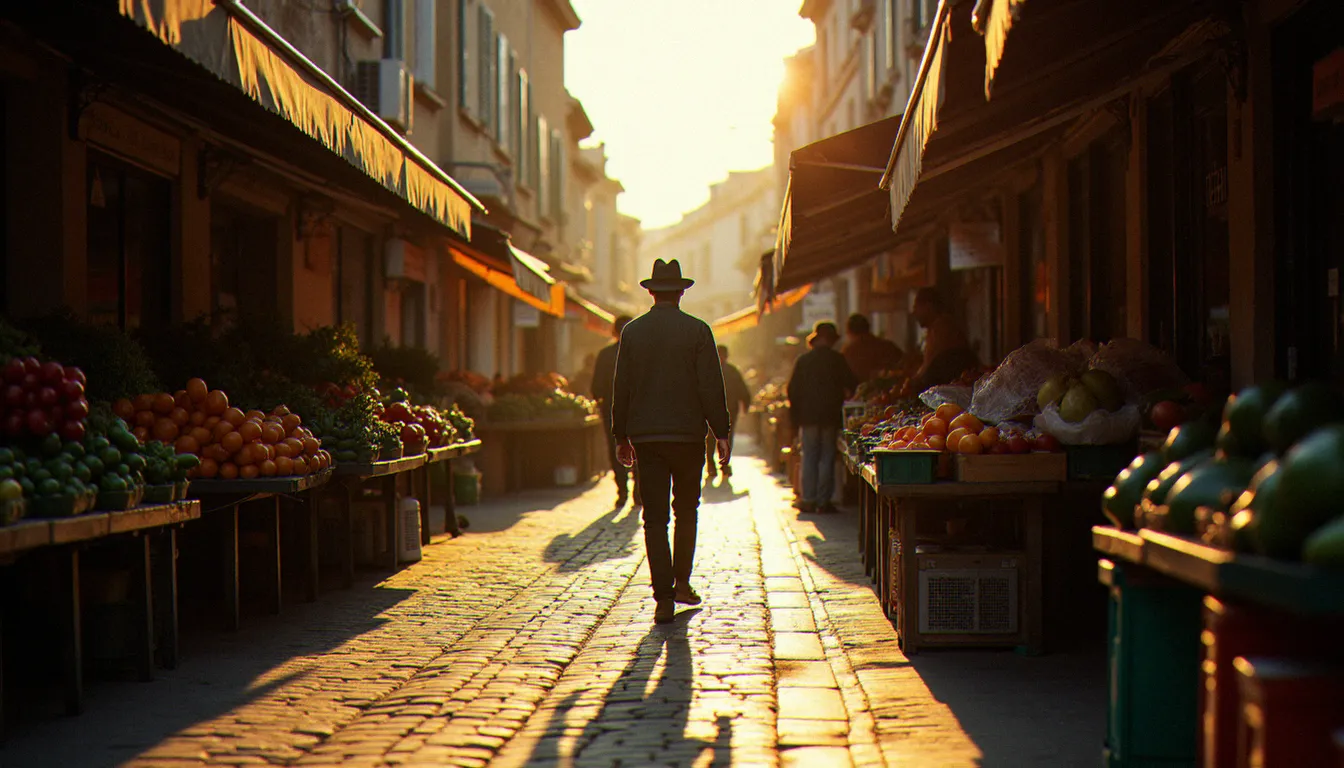 Photographe de rue au marché des Lices à Arles à l'aube, reportage documentaire avec lumière rasante du matin sur les pavés provençaux