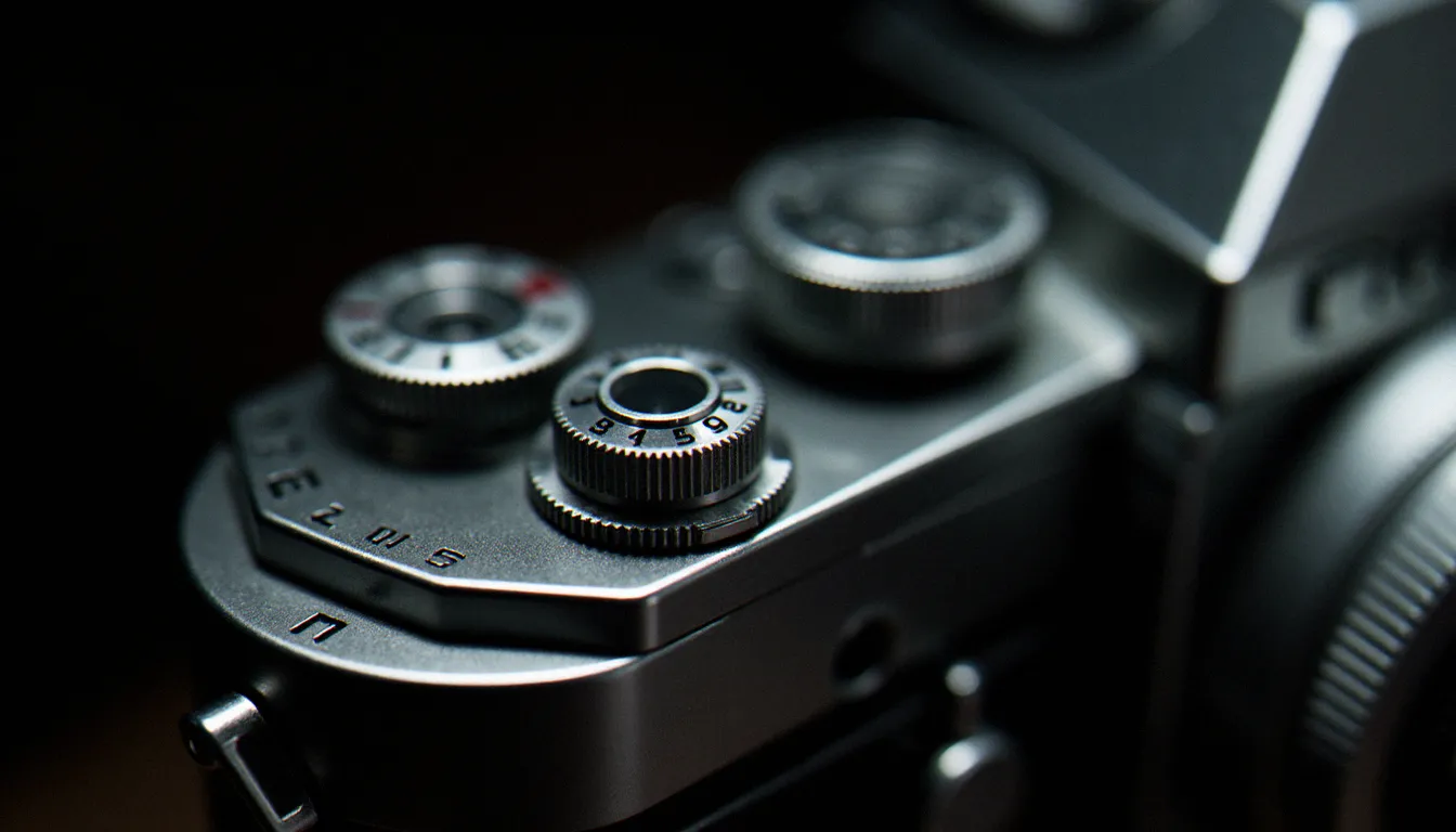 Gros plan sur les molettes d'ouverture et de vitesse d'un appareil photo reflex argentique, illustrant les paramètres techniques fondamentaux de la photographie