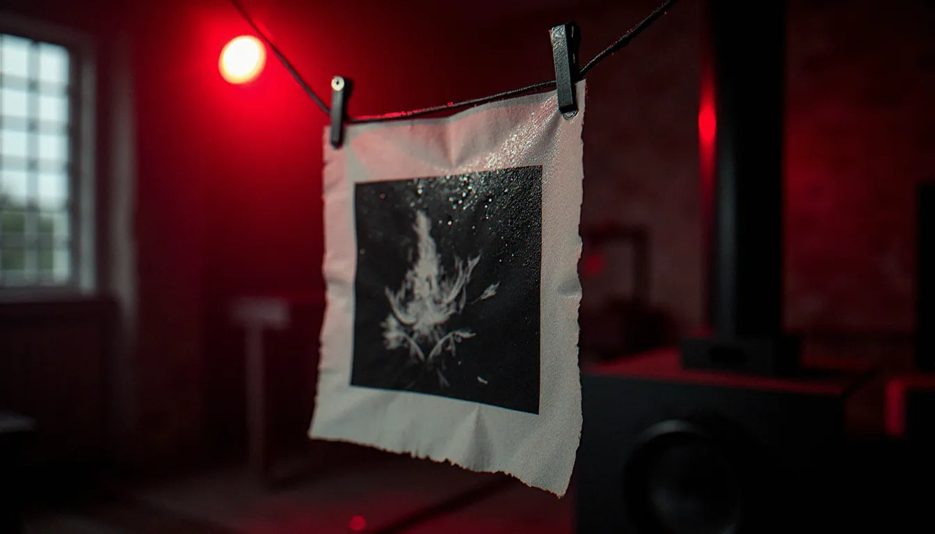 Tirage photographique noir et blanc en cours de séchage dans une chambre noire éclairée à la lumière inactinique rouge, illustrant la photographie comme processus artistique