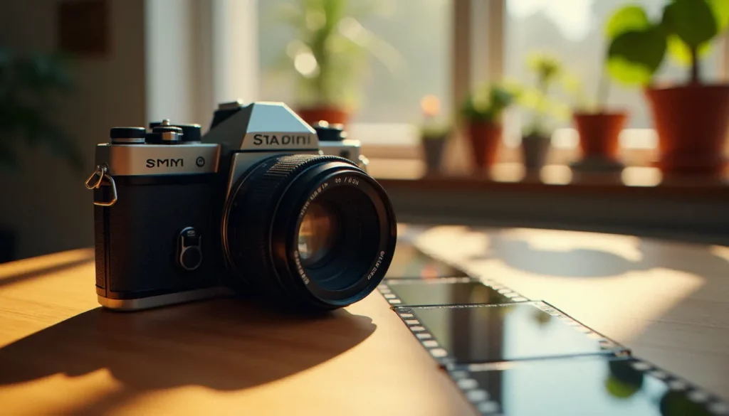 Appareil photo argentique 35mm posé sur une table en bois avec des négatifs développés, illustrant la définition et l'histoire de la photographie