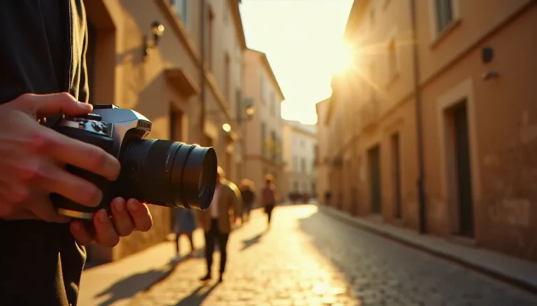 Photographe tenant un appareil photo argentique dans une rue ensoleillée de Toulouse, illustrant la pratique de la photographie de rue en lumière naturelle