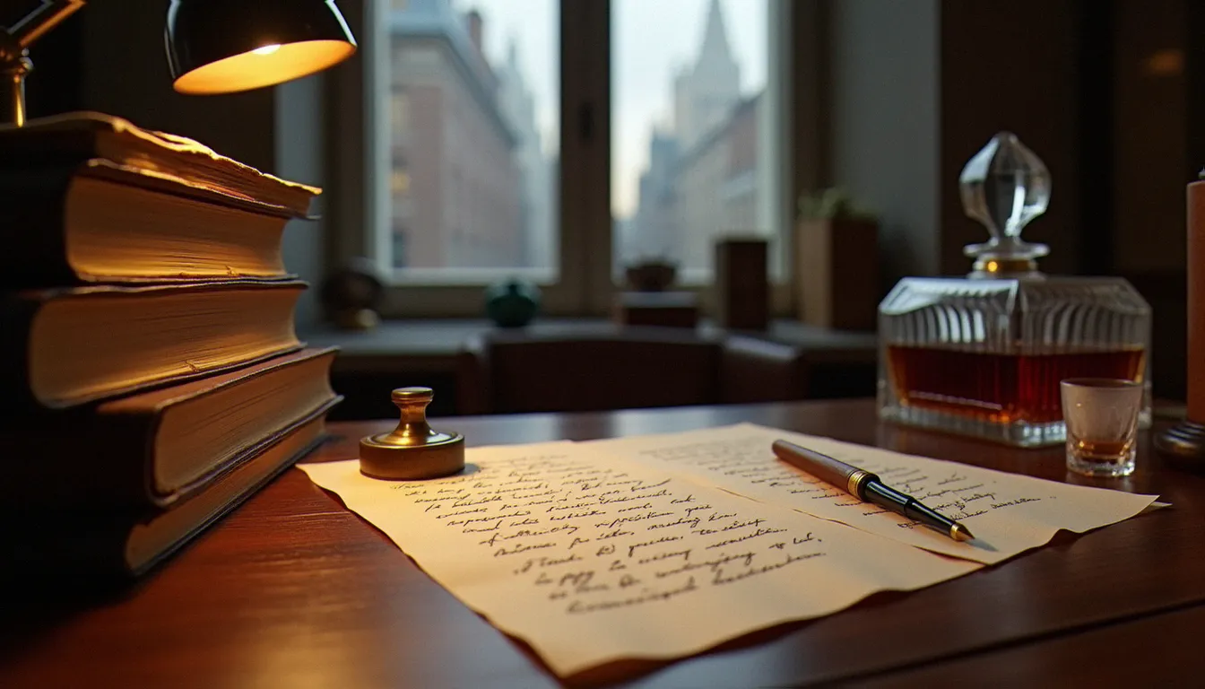 Bureau du banquier Albert Kahn (banquier) avec registres, plume, lettres manuscrites en français et anglais, carafe de brandy et lumière chaude de lampe à l'huile
