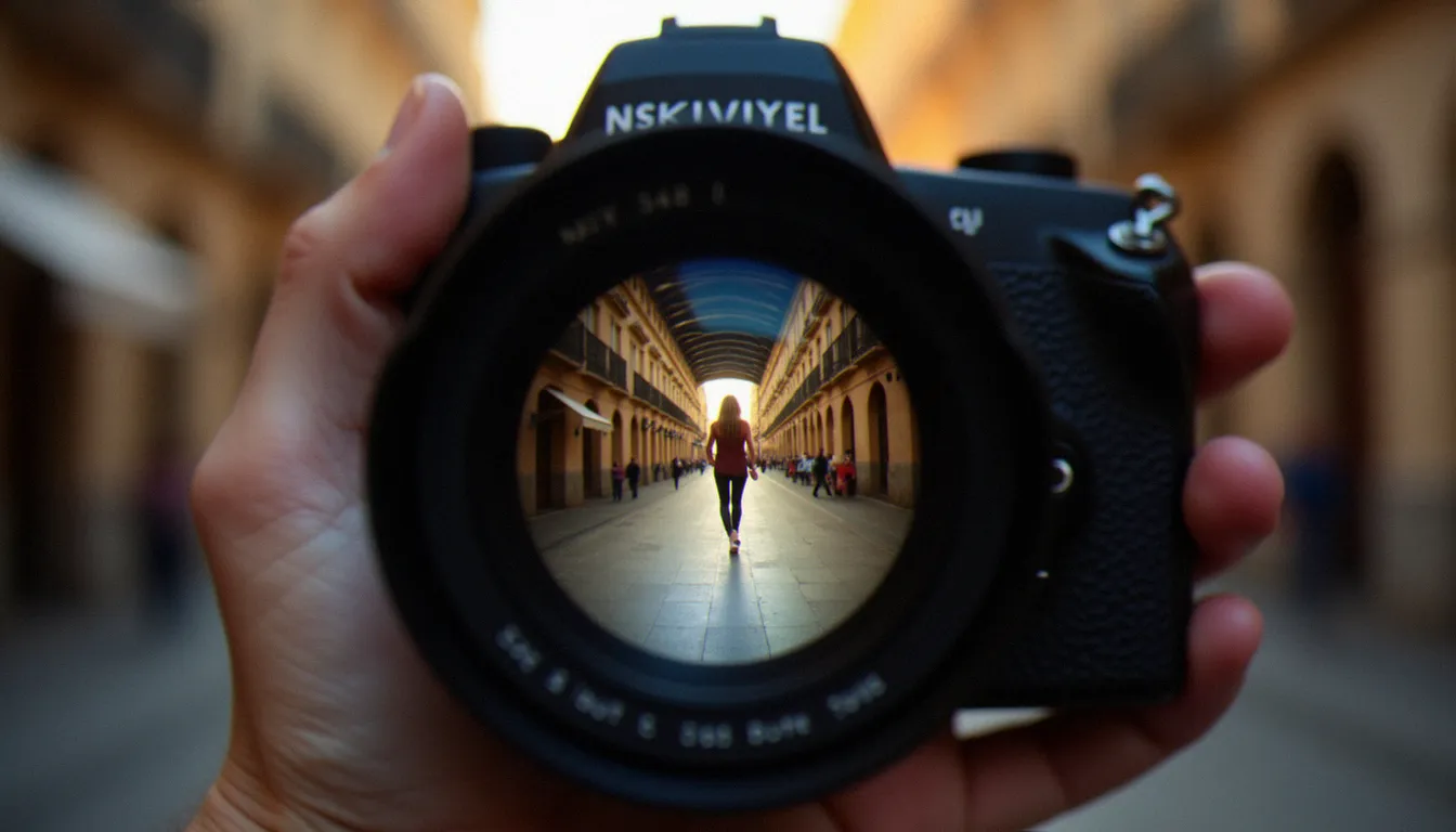 Vue à travers le viseur d'un appareil photo illustrant un angle de champ de 35 mm sur une rue toulousaine en lumière du soir