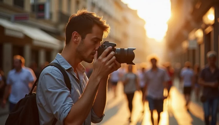 Photographe capturant un moment authentique dans les rues de Toulouse en lumière dorée