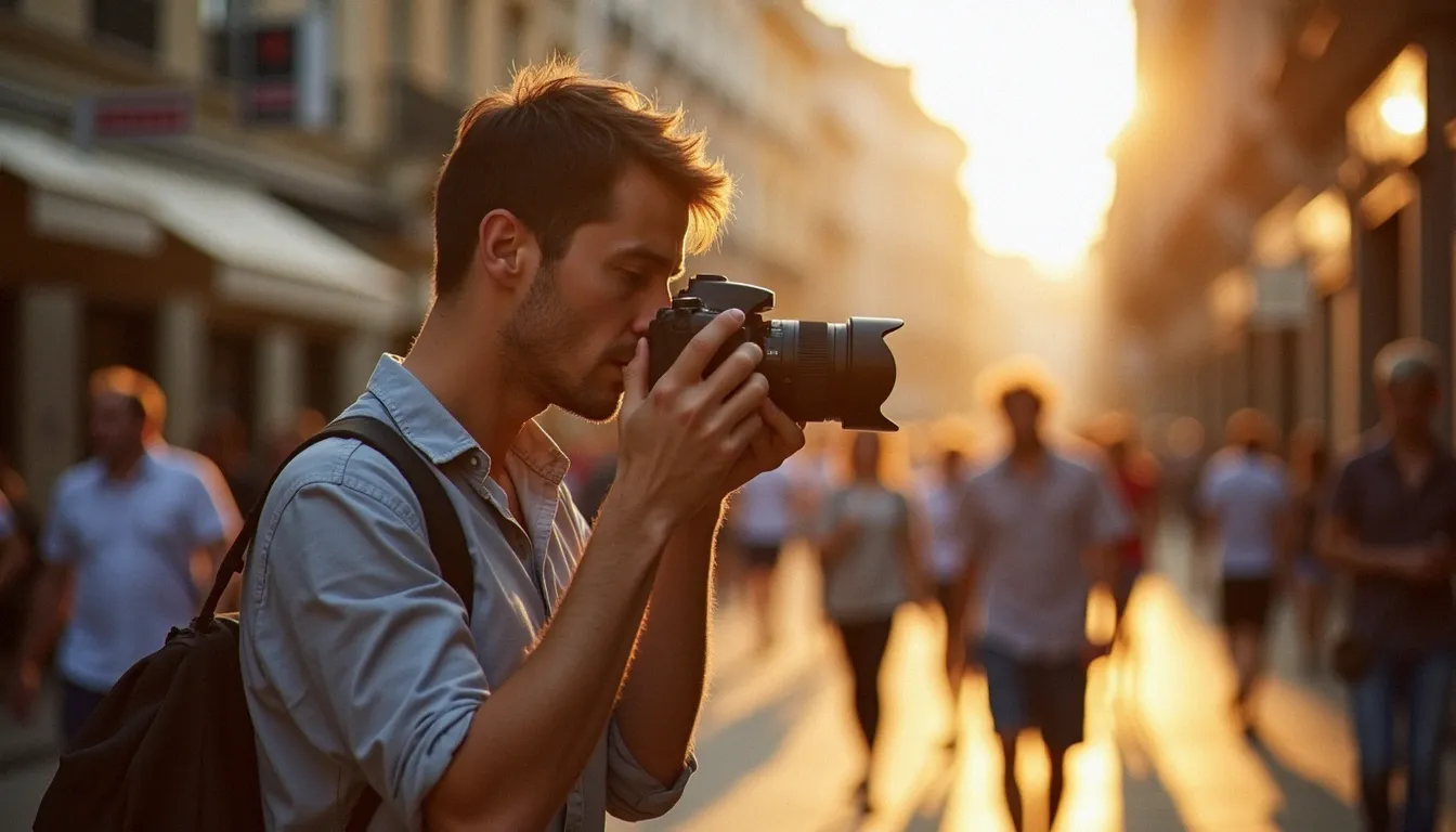 Photographe capturant un moment authentique dans les rues de Toulouse en lumière dorée