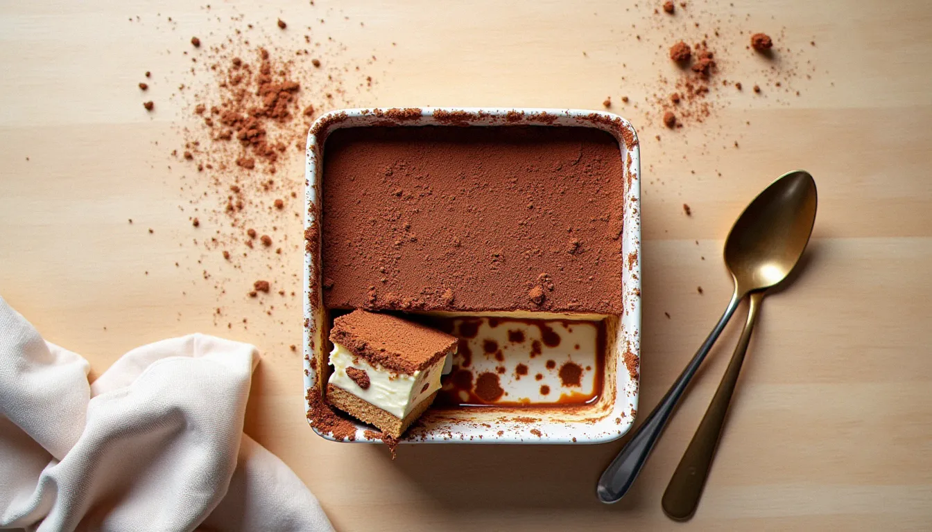 Vue zénithale d'un tiramisu carré dans un plat en céramique, surface saupoudrée de cacao, un couteau découpant une part sur un plateau en bois clair