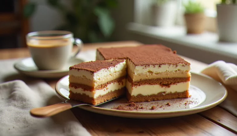 Image recette tiramisu prise en angle trois-quarts montrant la tranche du dessert avec ses couches de biscuit imbibé et crème au mascarpone, saupoudrée de cacao en poudre, sur une table en bois