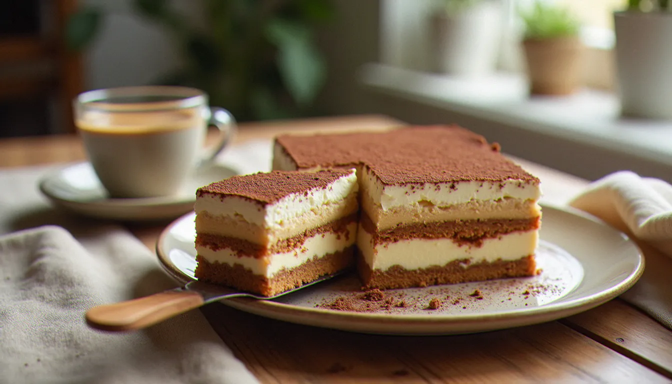 Image recette tiramisu prise en angle trois-quarts montrant la tranche du dessert avec ses couches de biscuit imbibé et crème au mascarpone, saupoudrée de cacao en poudre, sur une table en bois