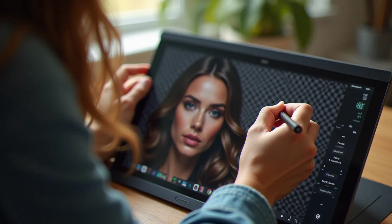 Détourage minutieux d'une chevelure sur tablette graphique avec fond transparent en damier