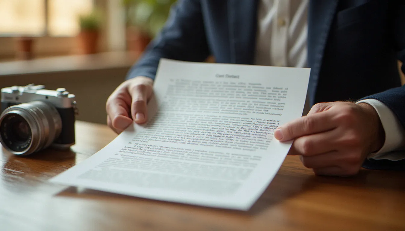 Mains tenant un contrat de cession de droits d'image sans droit posé à côté d'un objectif photo sur une table en bois, éclairage naturel