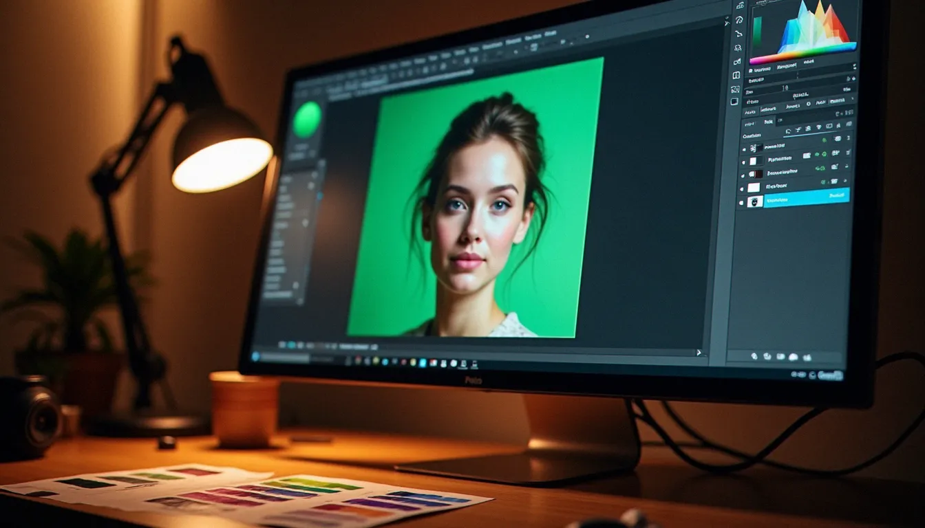 Écran d'ordinateur en studio montrant le détourage d'un portrait sur fond vert, sélection active autour du contour des cheveux, outil de sélection visible