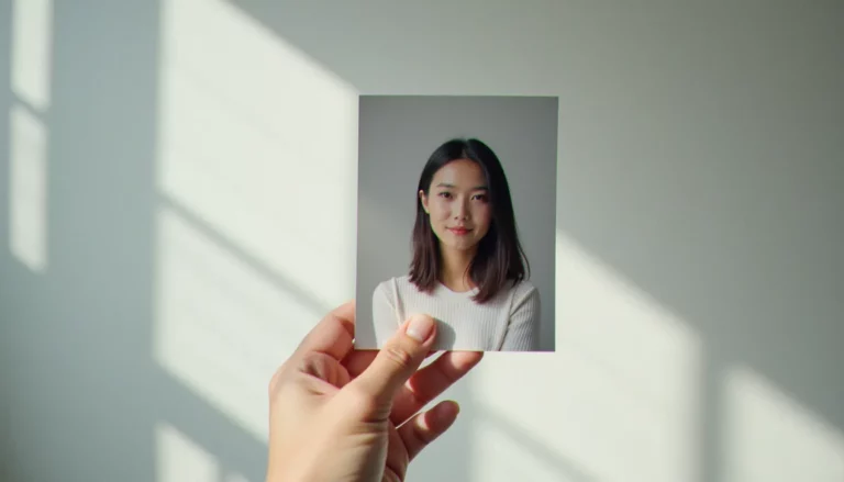 Main tenantant une photographie imprimée d'un portrait détouré en image sans fond, posée devant un mur gris clair de studio, éclairage naturel latéral