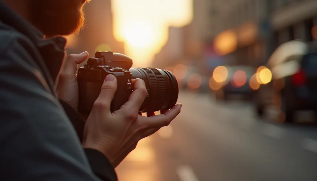 j apprend la photographie featured Photographe débutant apprenant la photographie avec un appareil photo reflex en milieu urbain