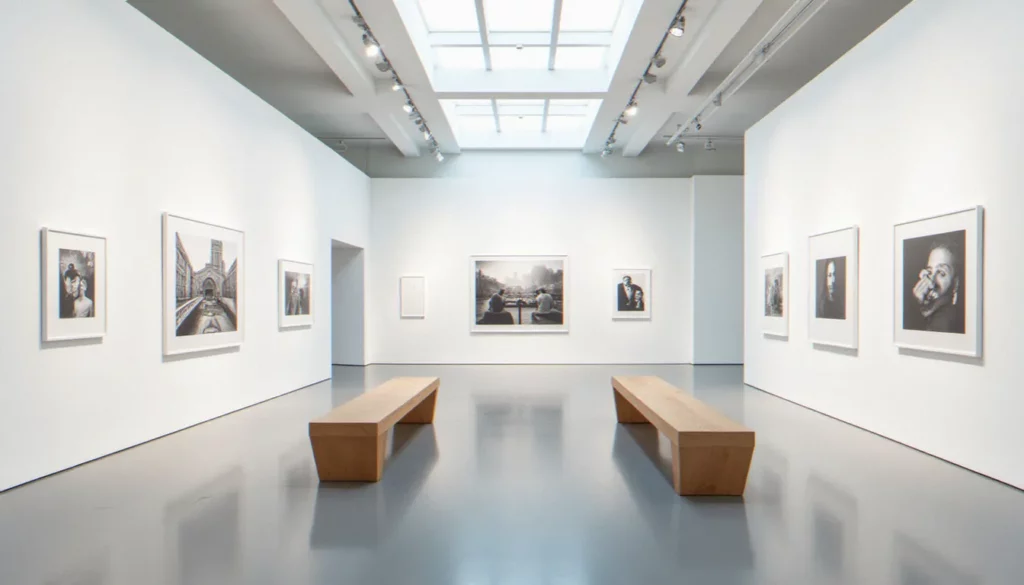 maison de la photographie featured Intérieur d'une maison de la photographie avec expositions de photographies encadrées sous éclairage professionnel