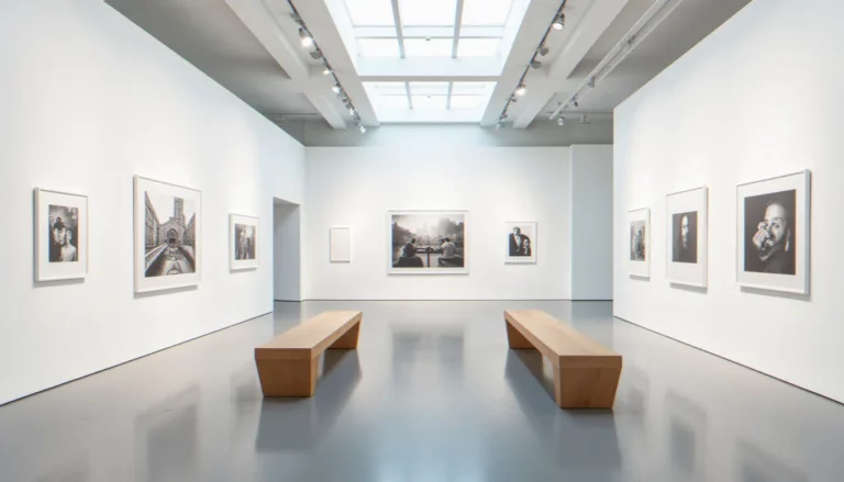 Intérieur d'une maison de la photographie avec expositions de photographies encadrées sous éclairage professionnel