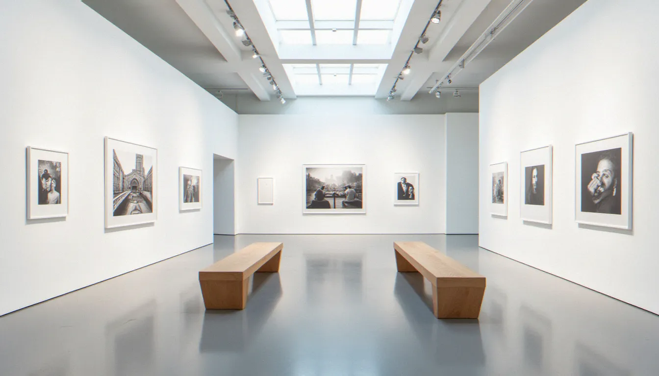 Intérieur d'une maison de la photographie avec expositions de photographies encadrées sous éclairage professionnel