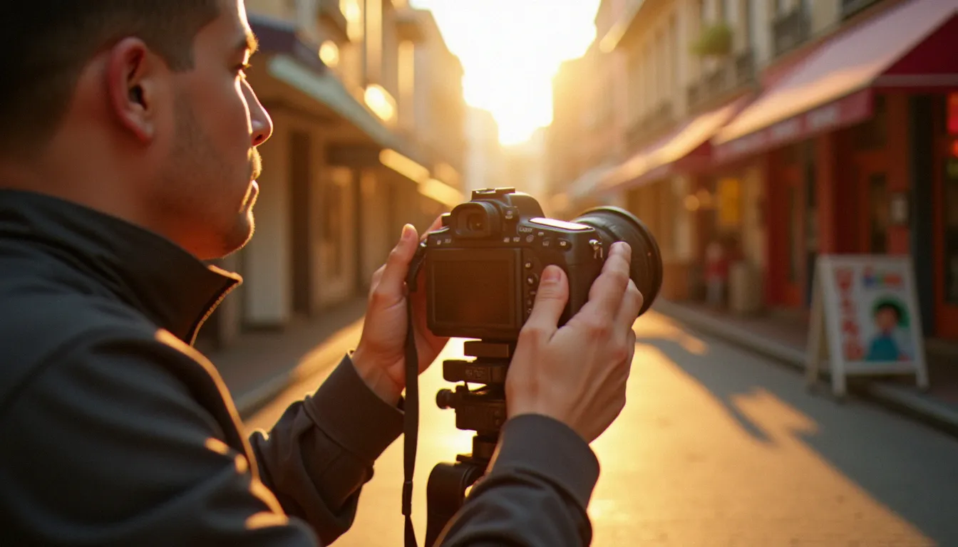 Photographe réglant son appareil photo dans une rue urbaine baignée de lumière dorée, illustration de la photographie en couleur