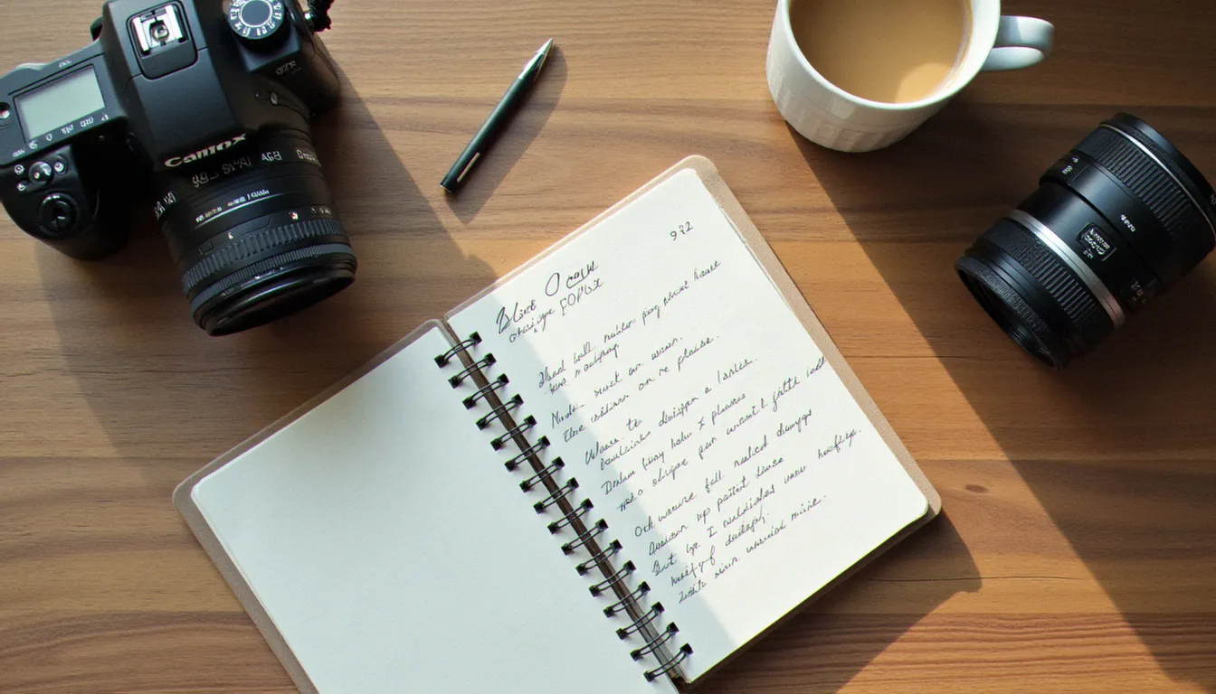 Matériel de photographie et notes sur un bureau pour la création de contenu photos blog
