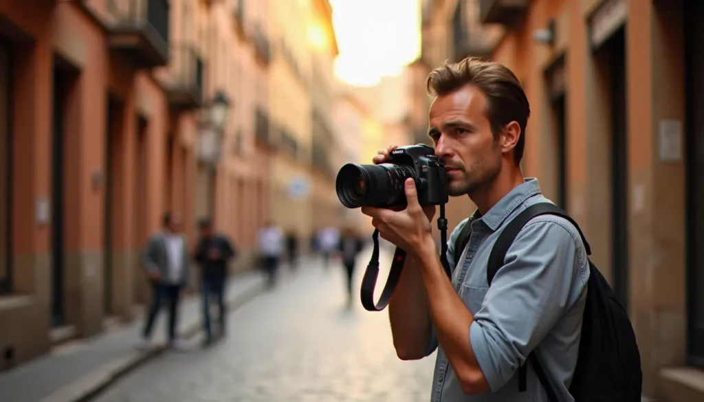 photos blog featured Photographe capturant des photos blog sur une rue pavée de Toulouse à la lumière dorée du soir