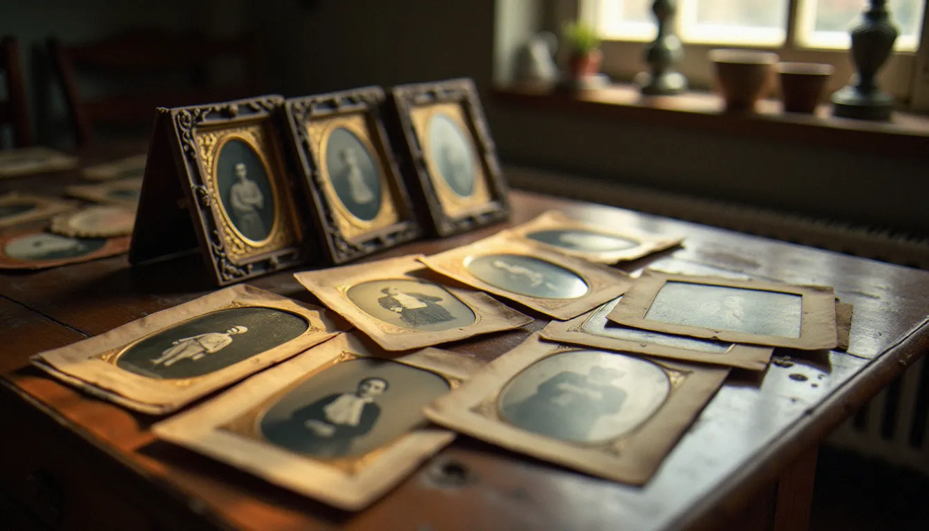 Collection de vieilles photographies anciennes disposées sur une table en bois, incluant daguerréotypes et cartes de visite sépia