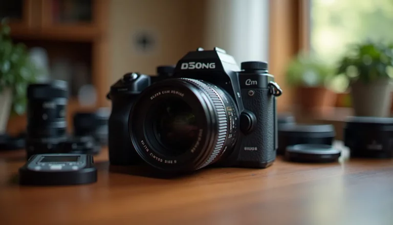 Appareil photo numérique moyen format posé sur une table de travail photographe