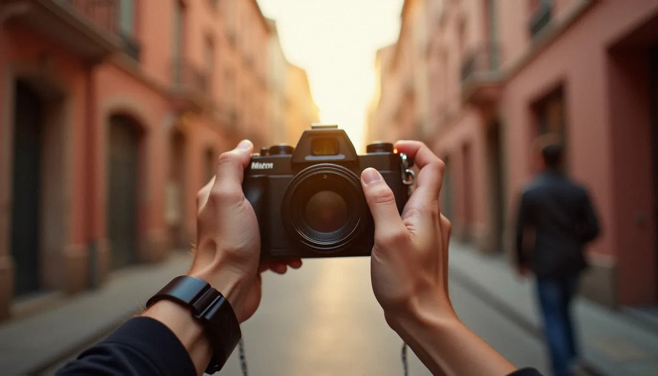 Photographe tenant un appareil photo dans une rue de Toulouse en lumière dorée, illustration de l'art de réaliser des photos réussies