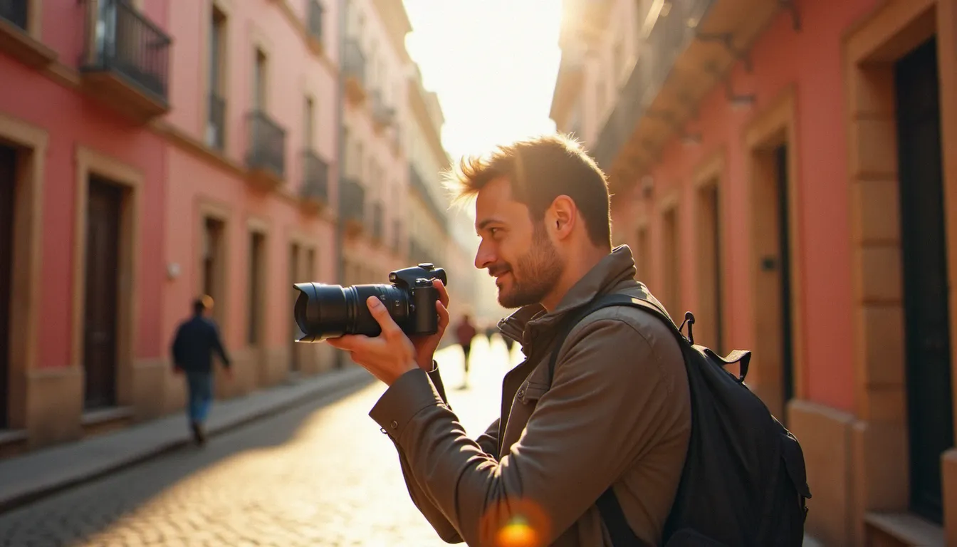 Photographe tenant un appareil hybride dans une rue toulousaine éclairée par la lumière chaude de fin de journée, illustrant la pratique en photographie