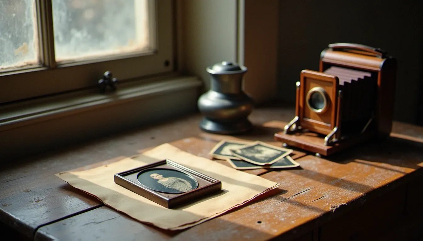Daguerréotype ancien et appareil photo en bois posés près d'une fenêtre, évoquant l'histoire de la photographie
