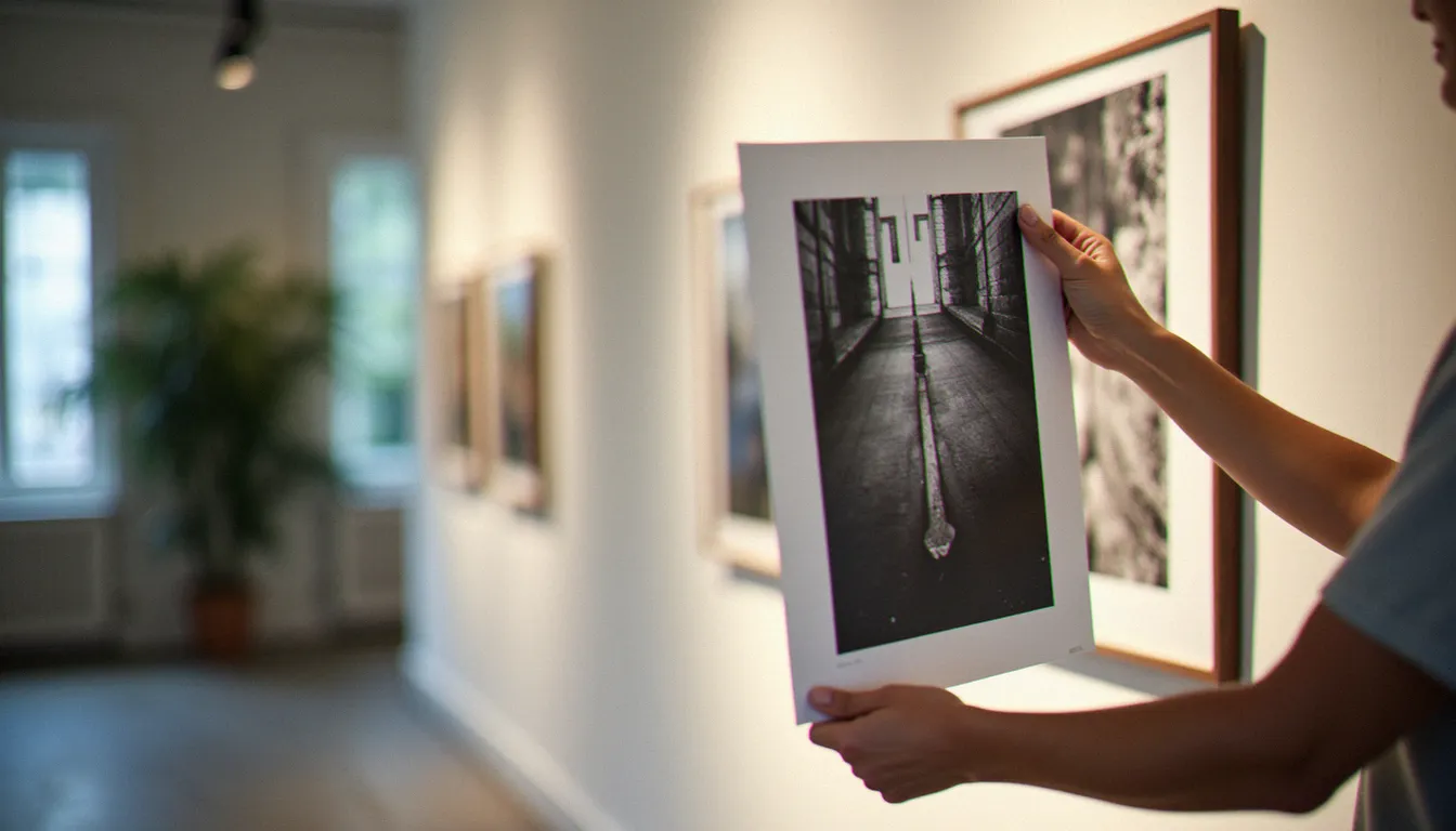 Photographe tenant un tirage d'art en noir et blanc dans une galerie, illustration des images arts