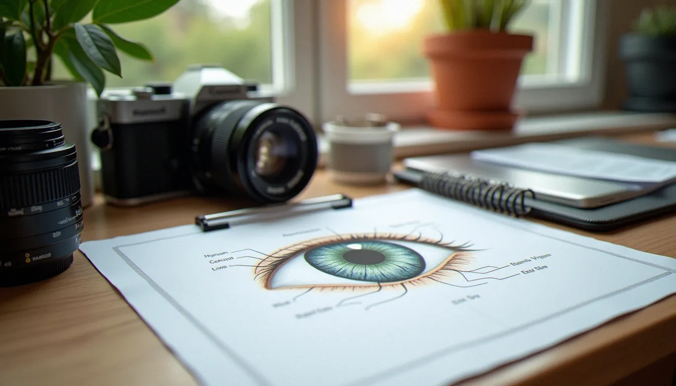 Bureau de photographe avec un schéma anatomique de l'œil, un boîtier et un objectif macro posés à côté