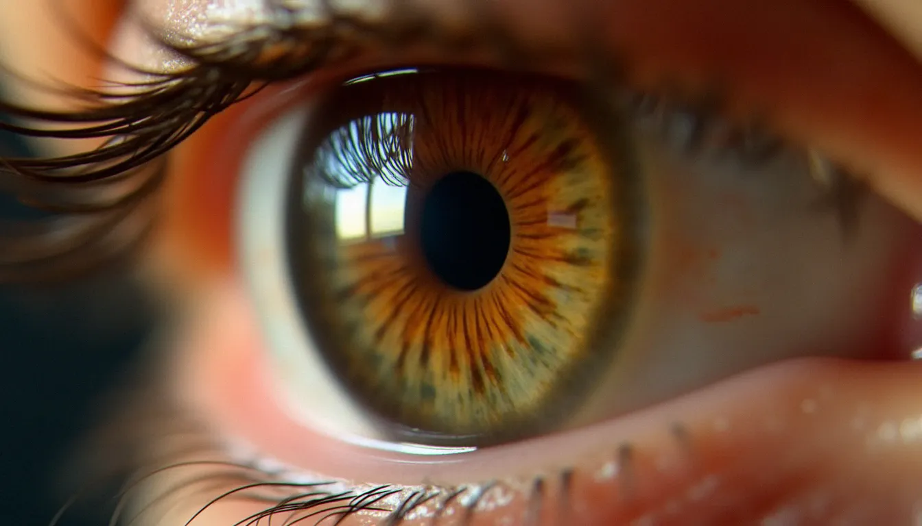 Gros plan macro d'un iris noisette et vert avec reflet de fenêtre sur la cornée, exemple d'iris photo