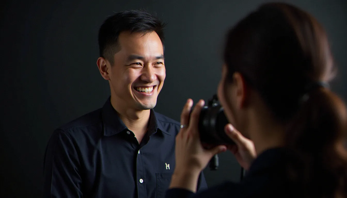 Photographe au travail, interaction avec le sujet et lumière de studio
