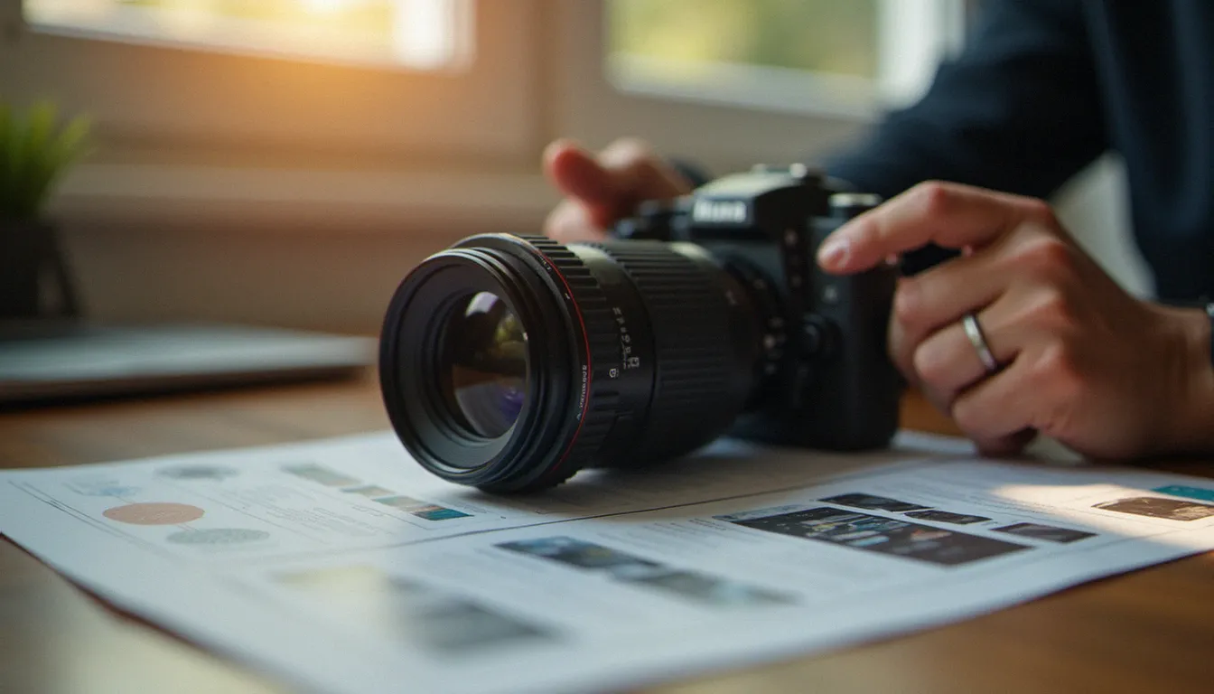 Objectif d'appareil photo et réglages d'exposition posés sur une table près d'une fenêtre