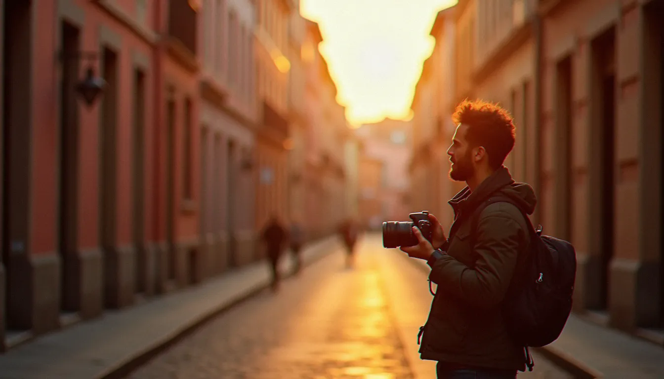 Photographe en train de cadrer une scène dans une rue de Toulouse à la lumière dorée, illustrant la photographie documentaire
