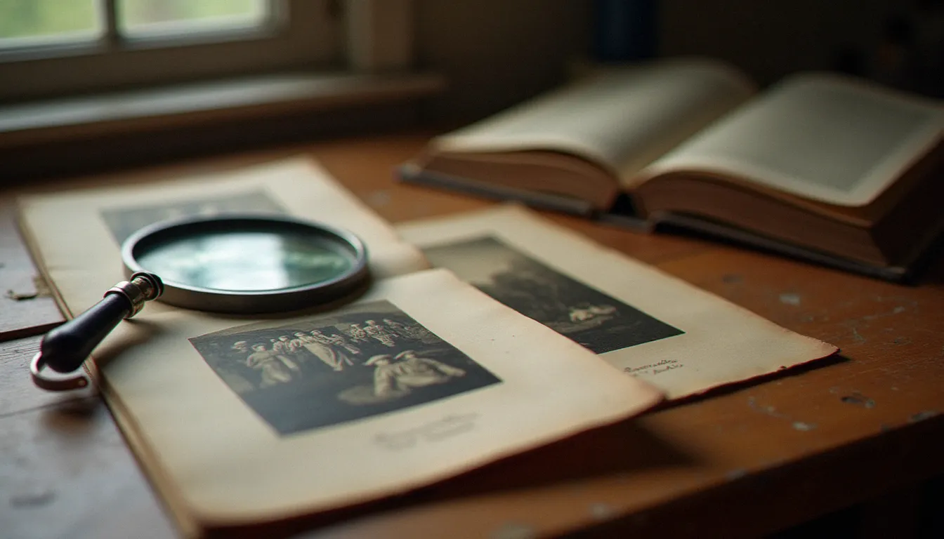 Tirages anciens, loupe et livre de photographie sur une table, évoquant l'histoire et les courants de la photo art