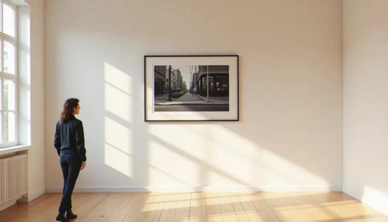 Visiteur de dos devant un grand tirage noir et blanc encadré dans une galerie, illustrant la photo art