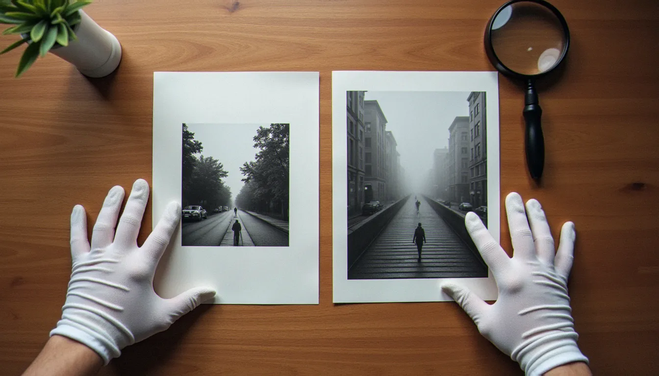 Deux tirages posés sur une table, une photo classique en couleur et une photo d'art en noir et blanc sur papier mat